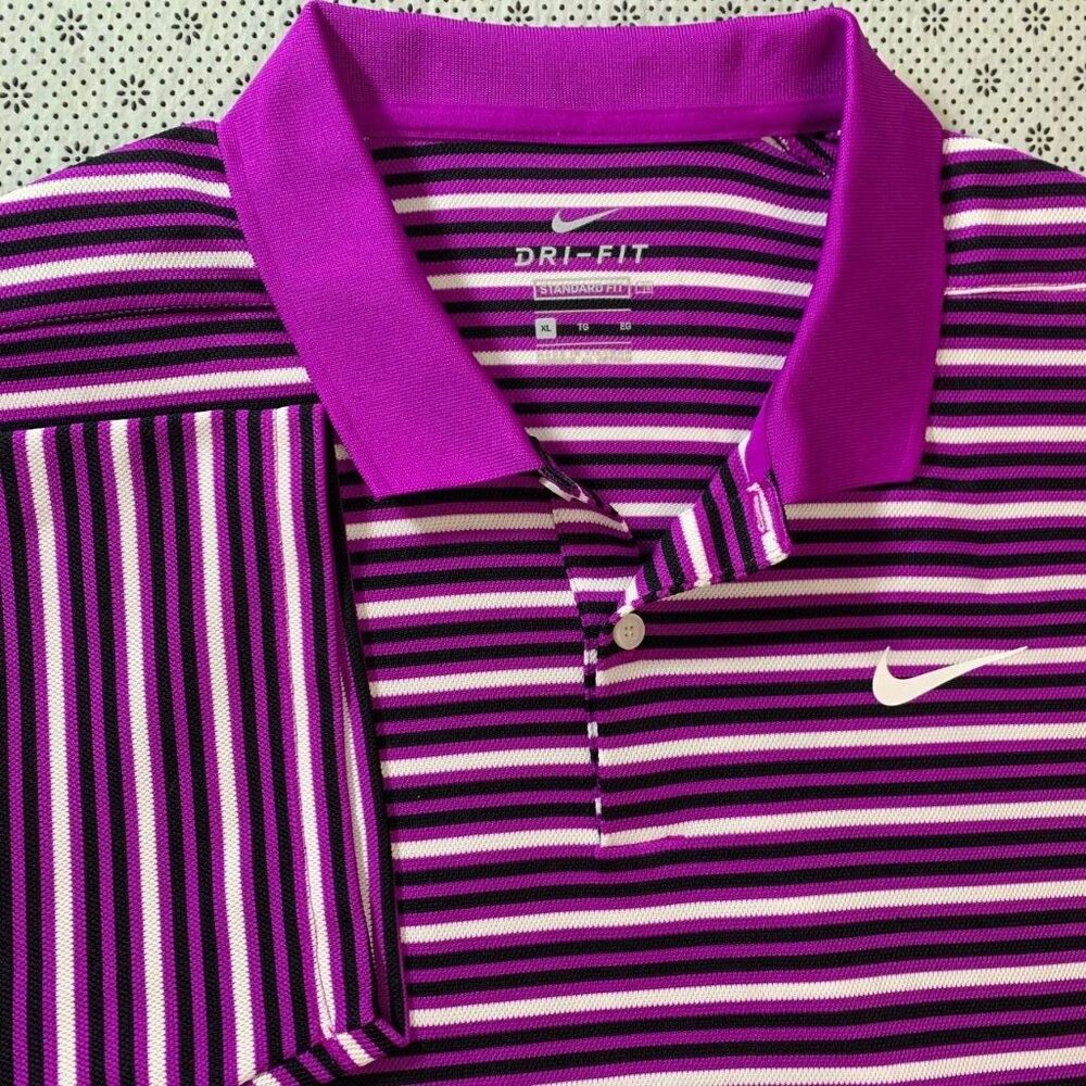 Nike Dri-FIT Standard Fit Striped Golf Polo Shirt Men XL Purple Black White